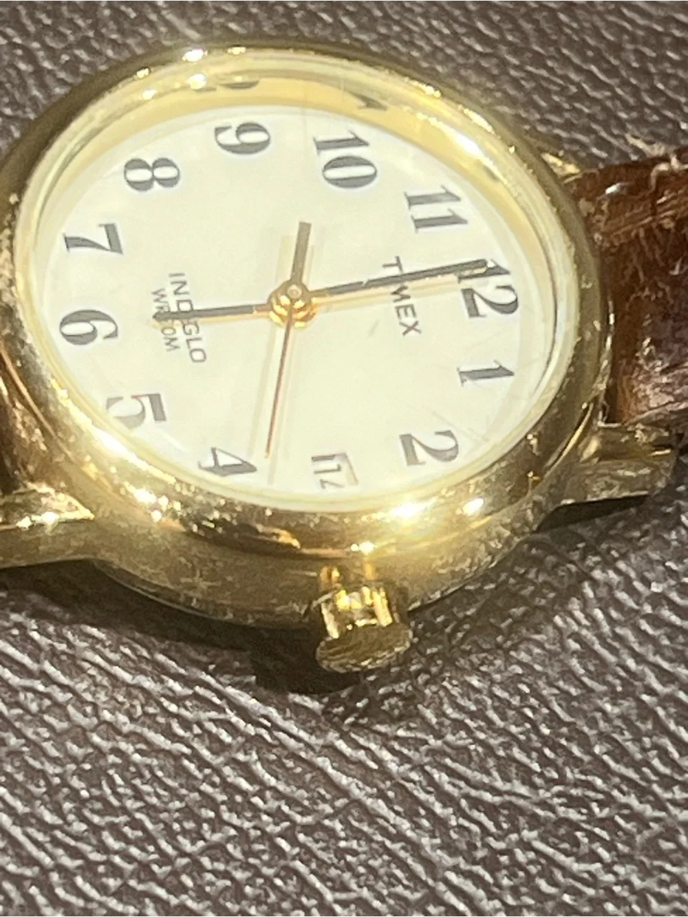 Timex Gold Tone Case White Dial Watch with Brown Strap